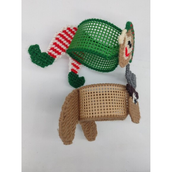 Vintage Christmas Holiday Napkin Rings Plastic Canvas Needlepoint Elf & Reindeer - Picture 7 of 8